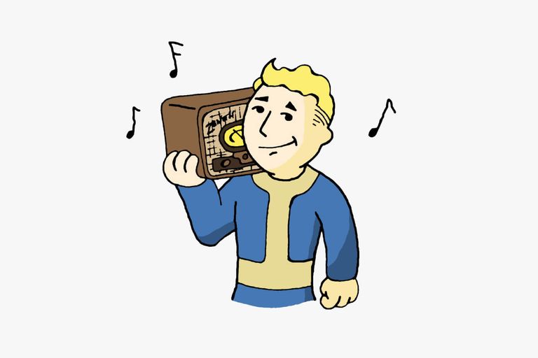 Vault Boy holding an old fashioned radio