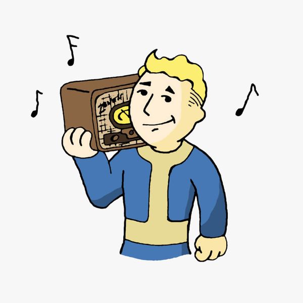 Vault Boy holding an old fashioned radio